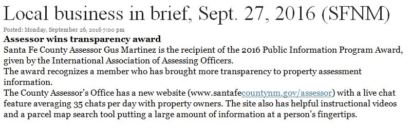 Assessor Wins Transparency Award - Santa Fe New Mexican
