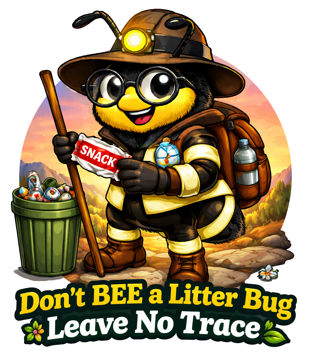 The bee mascot demontsrates safe walking to El Santuario de Chimay&Atilde;&sup3; by wearing reflective clothing and a sun hat, and carrying water and supplies. The bee is properly disposing of waste, something public safety personnel are reminding all walkers to do. Don't bee a litter bug--leave no trace!