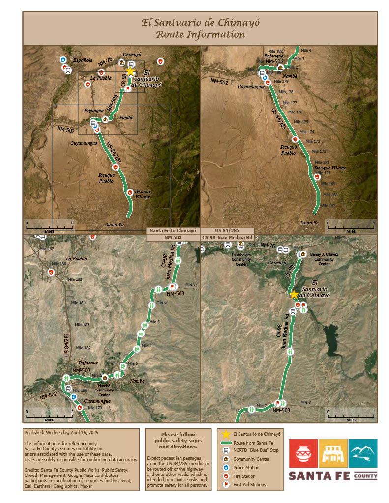 This map shows the general routes to Chimay&Atilde;&sup3; through Northern New Mexico, along with Blue Bus stops, porta potties, first aid stations, police and fire stations, and the community center.