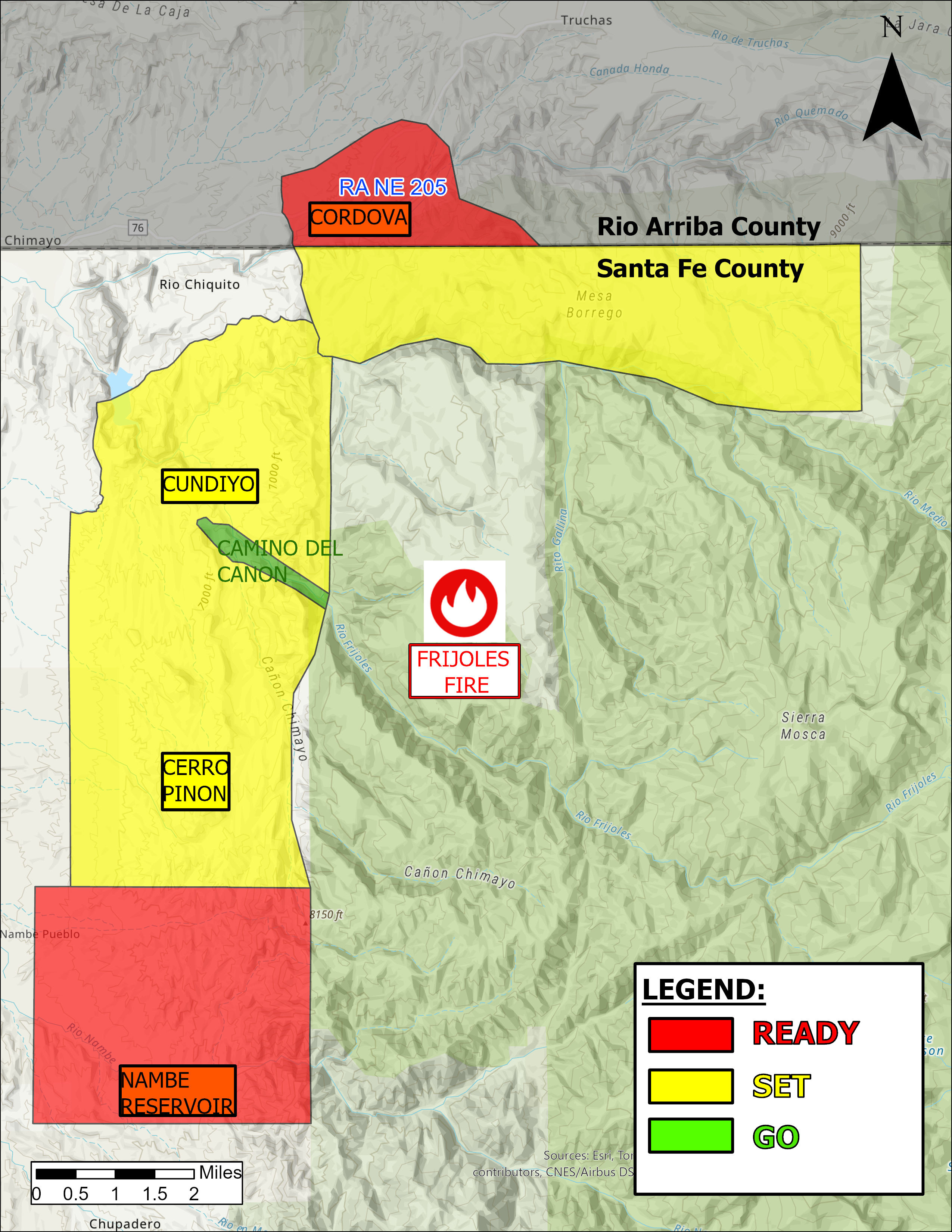 This map shows READY, SET, GO status for Santa Fe County as of Aug. 18. The red areas are in READY status, the yellow area is in SET status, and the green area is in GO status.