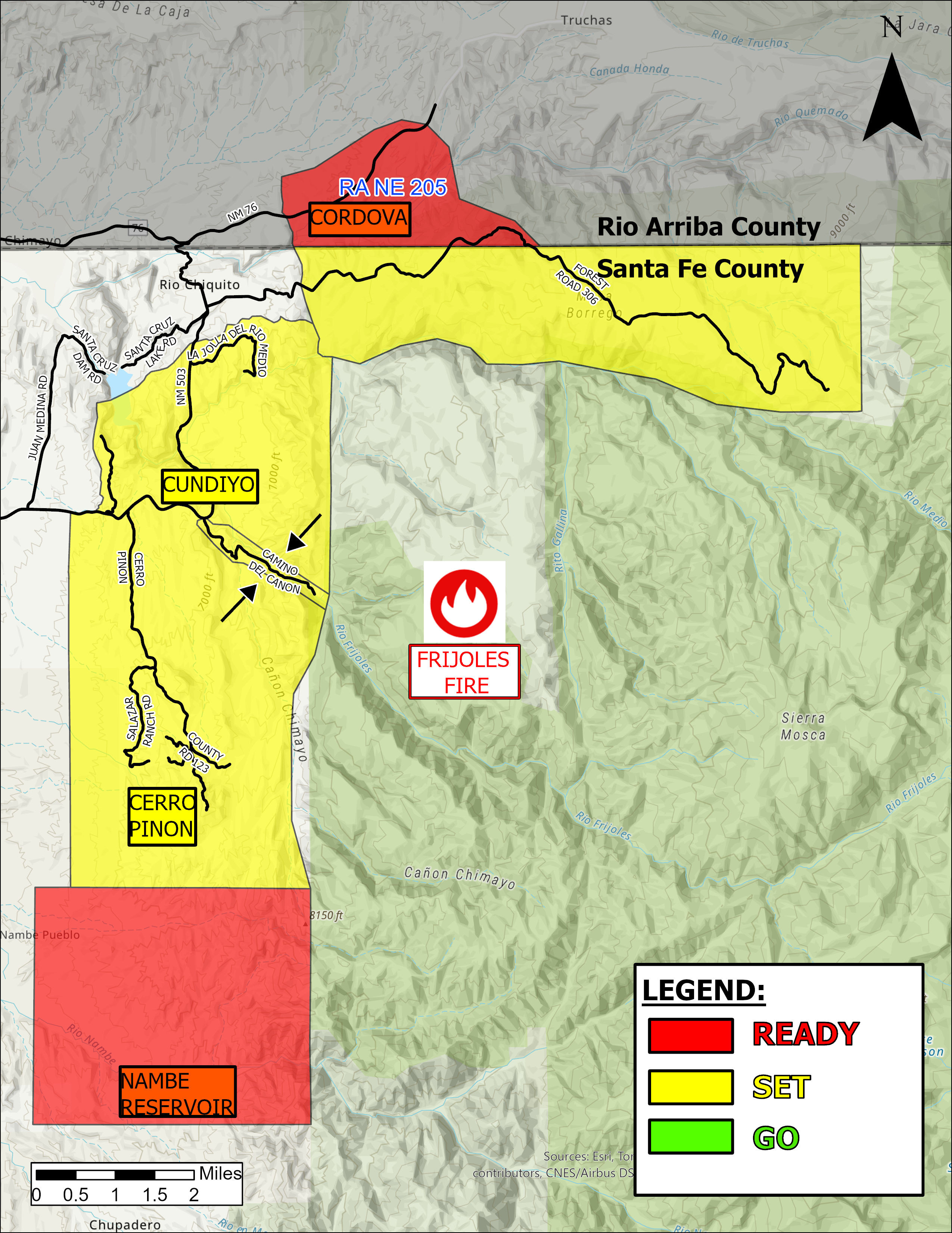 This map shows READY, SET, GO status for Santa Fe County as of Aug. 21. The red areas are in READY status, the yellow areas are in SET status. There are no evacuations in effect at this time.
