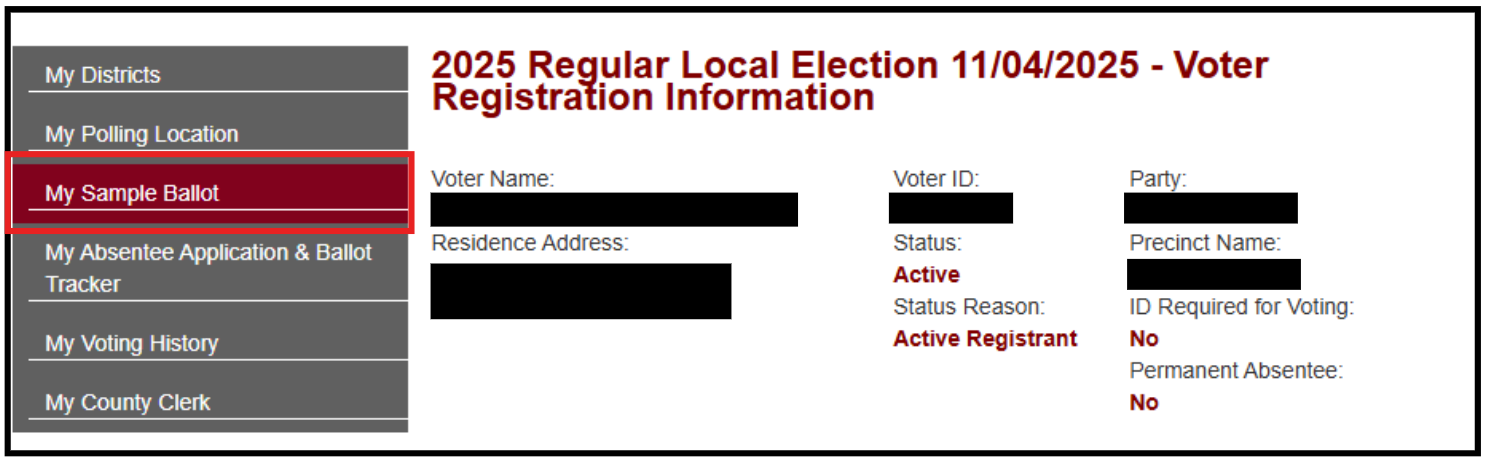 Screenshot showing where to click to view the sample ballot